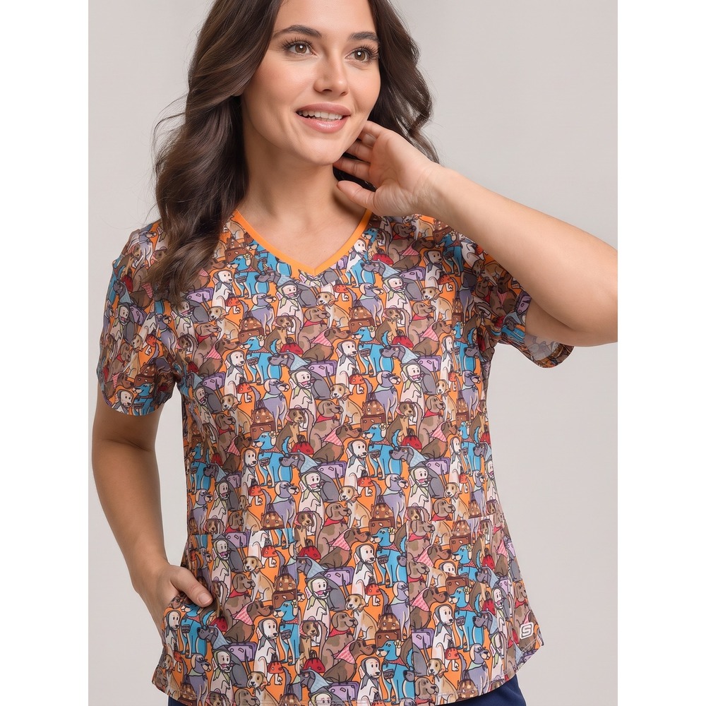 Skechers by Barco Dog Print V-Neck Scrub Top Size Medium Orange Multi Excellent